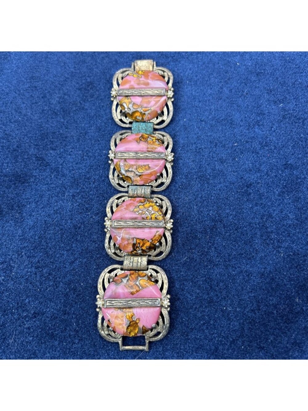 vintage pink and orange art glass cabochon link bracelet Prismatic Oyster Style